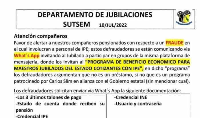 SUTSEM alerta a maestros jubilados a no caer en fraude sobre beneficio económico