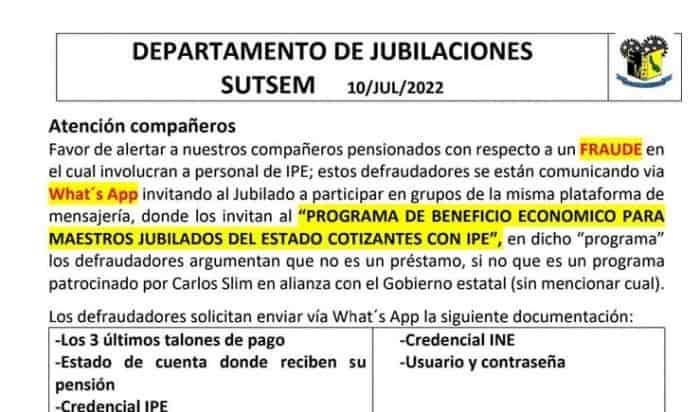 SUTSEM alerta a maestros jubilados a no caer en fraude sobre beneficio económico