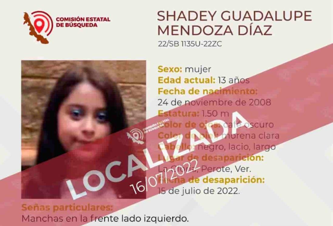 Localizan a Shadey Guadalupe Mendoza, menor reportada como desaparecida en Perote