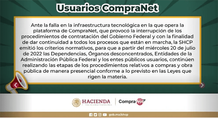 Secretaría de Hacienda suspende temporalmente Compranet por fallas técnicas