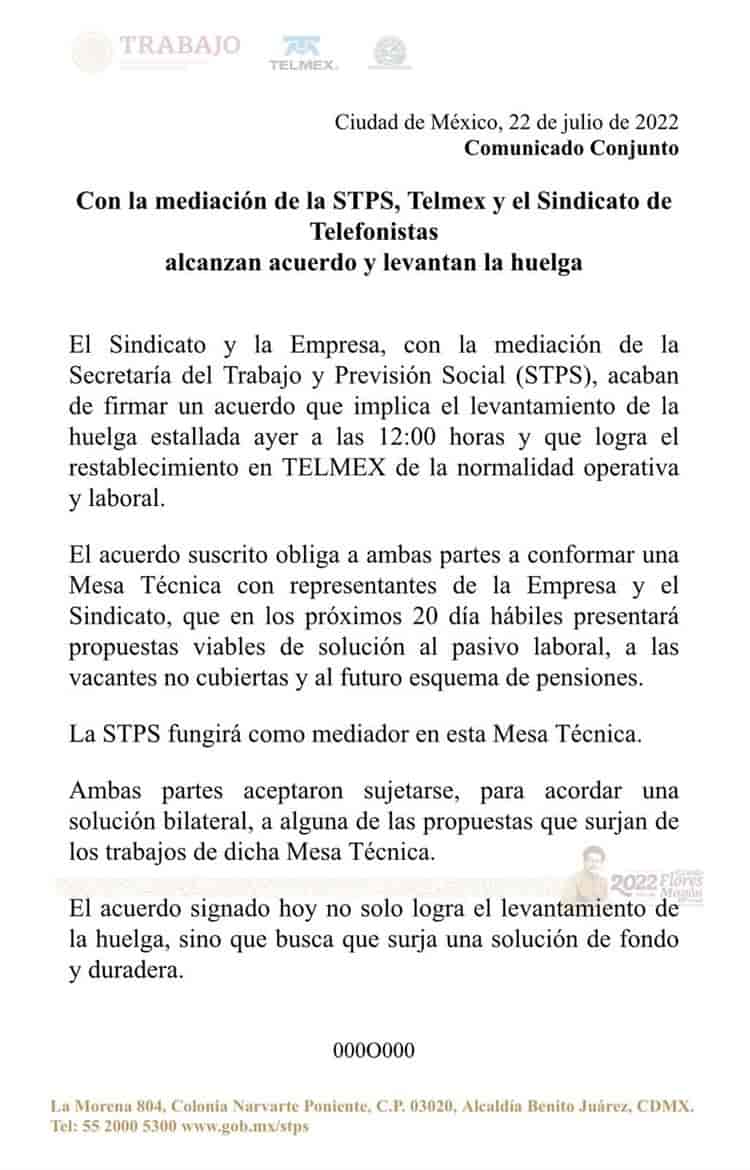 Levantan huelga trabajadores de Telmex en todo el país; crean mesa para el diálogo