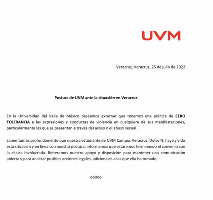 UVM termina convenio con clínica tras denuncia de acoso sexual a estudiante