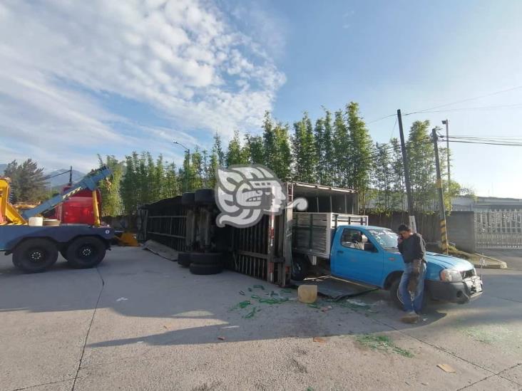 Vuelca tráiler en rotonda del parque industrial de Orizaba