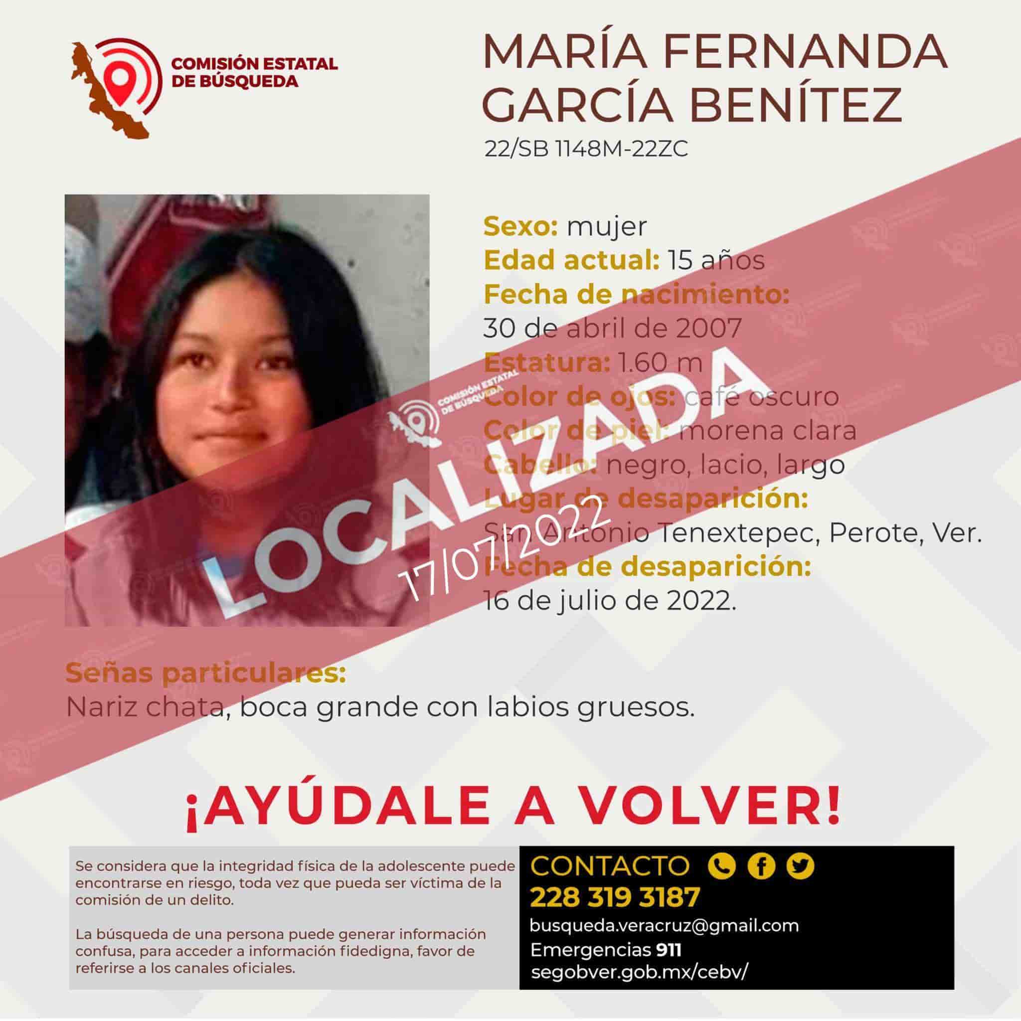 Localizan a María Fernanda García, joven de 15 años desaparecida en Perote