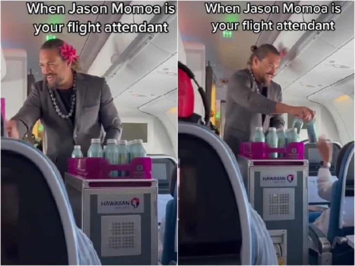 Jason Momoa sorprende a pasajeros vestido de sobrecargo