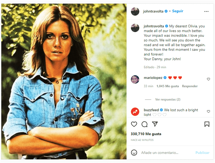 Con “Tu Danny, tu John” John Travolta lamenta la muerte de la actriz Olivia Newton