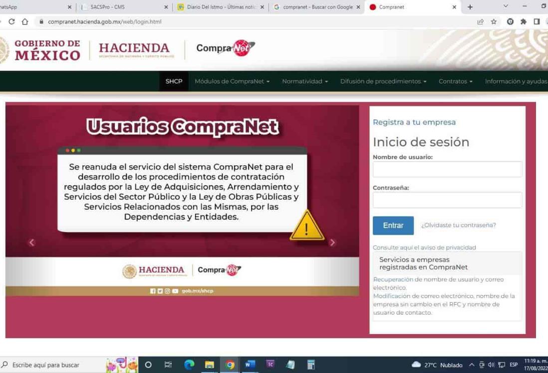 Compranet reanudó operaciones en su sitio web