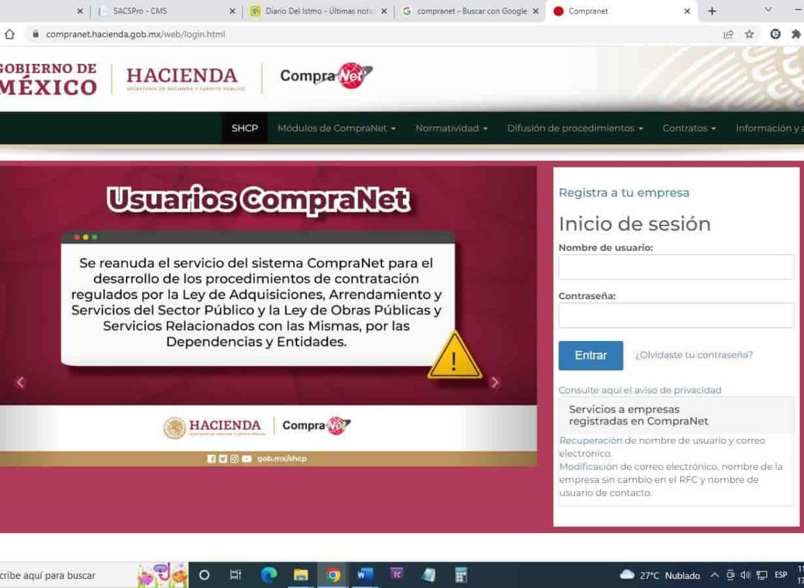 Compranet reanudó operaciones en su sitio web