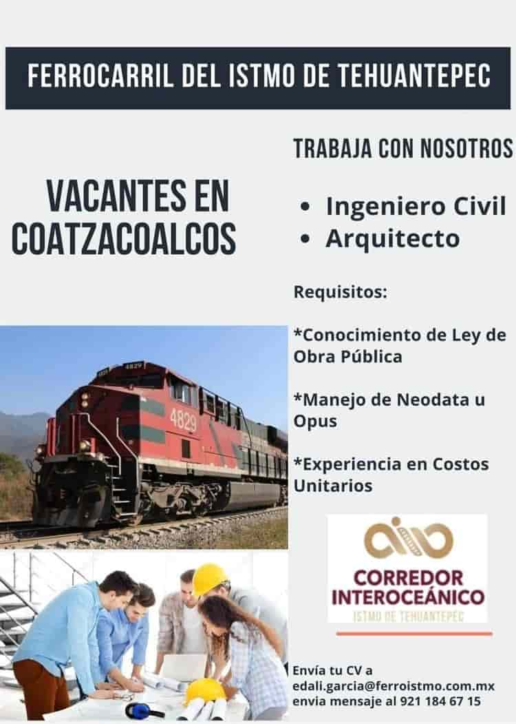 ¿Buscas trabajo?, requieren especialistas para el FIT en Coatzacoalcos