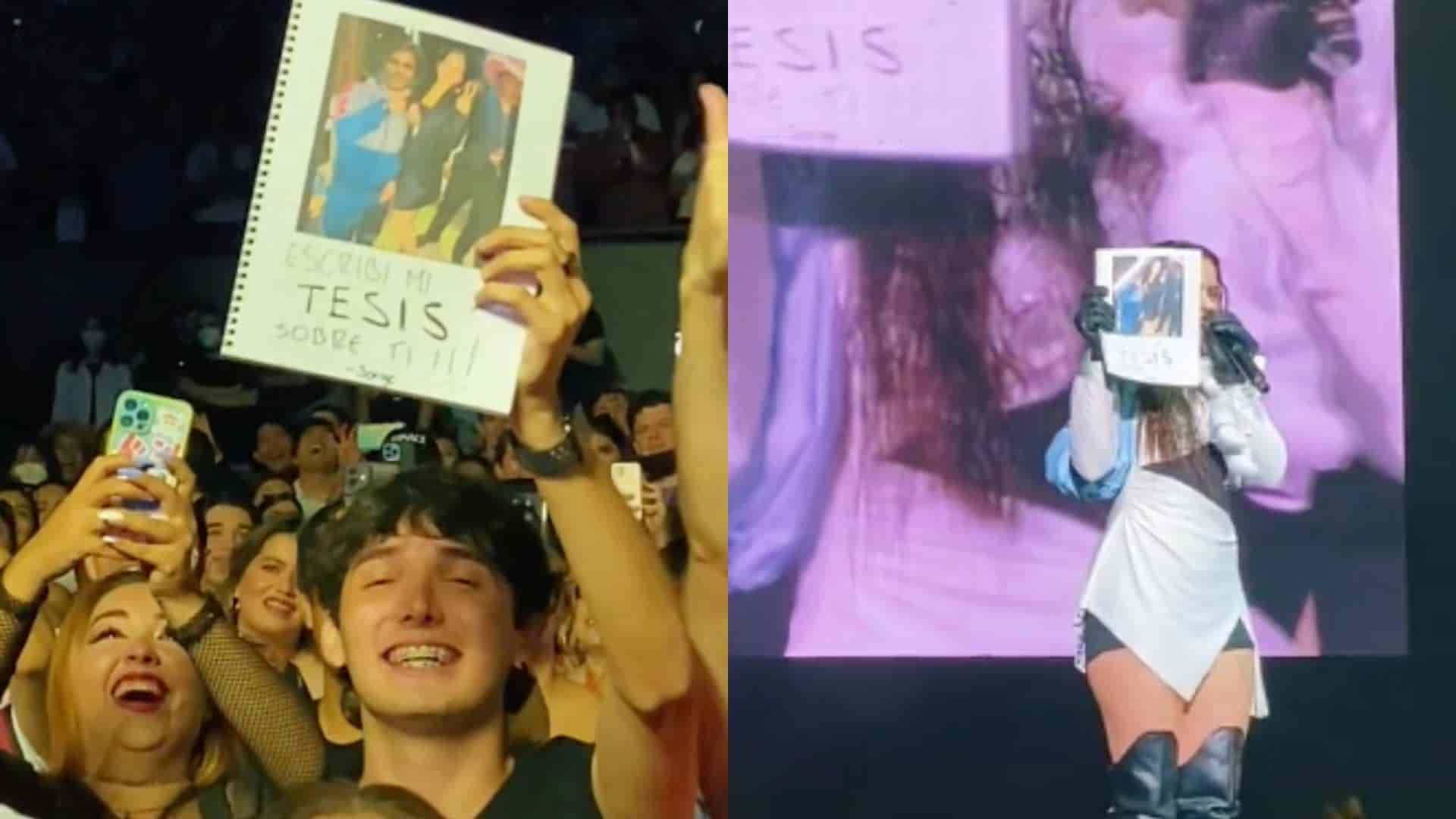 Fan le regala su tesis a Rosalía durante su concierto en Monterrey (+Video)