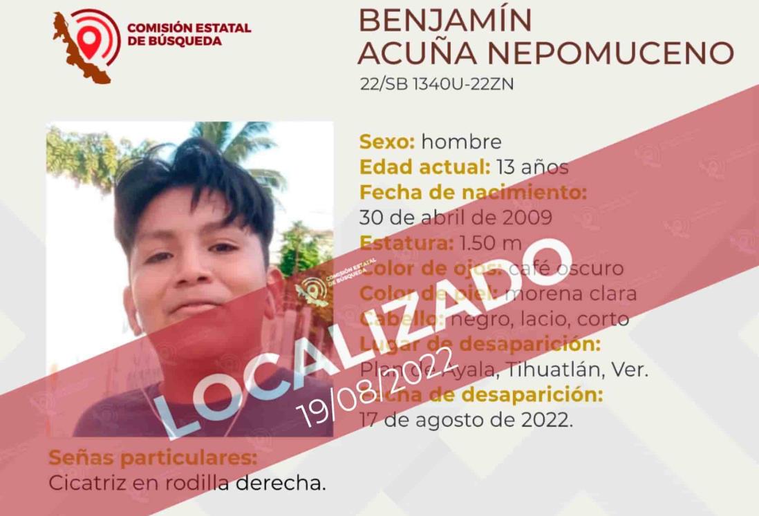 Localizan a menor de 13 años desaparecido en Tihuatlán