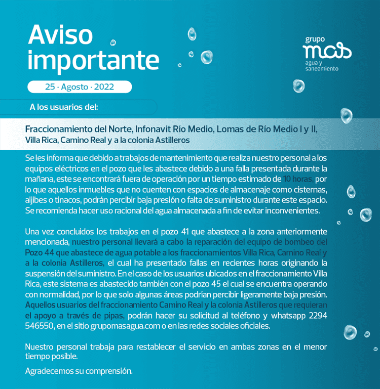 Debido a trabajos de mantenimiento, 6 colonias de Veracruz no tendrán agua