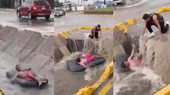 (+Vídeo) Joven es tragado por coladera al pasearse dentro de un canal