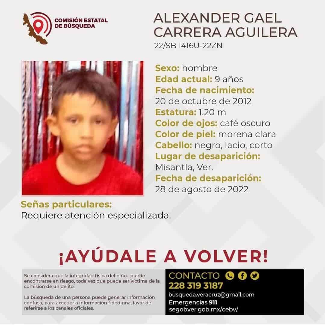 En Misantla, piden ayuda para encontrar a Alex; solo tiene 9 años