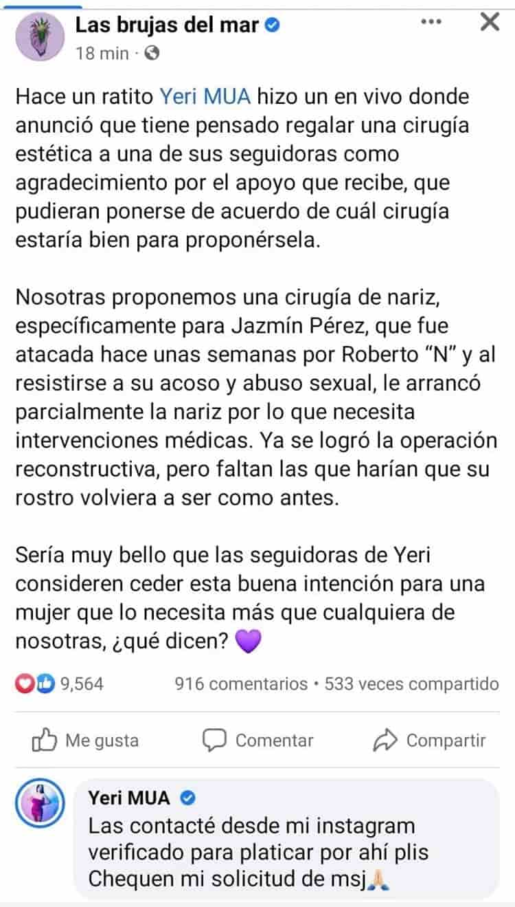 Yeri MUA regalará cirugía de reconstrucción de nariz a joven agredida por excandidato