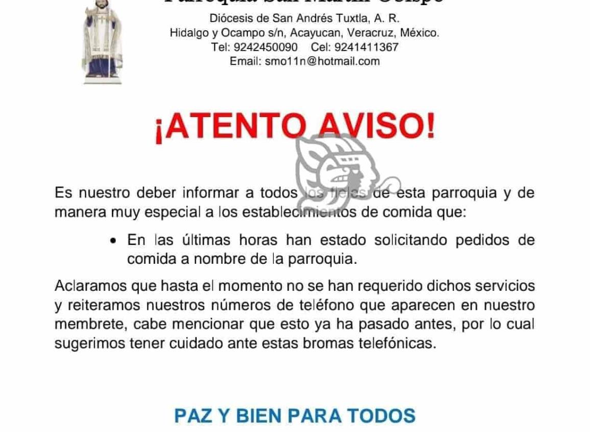 Alertan intentos de estafa a nombre de parroquia en Acayucan