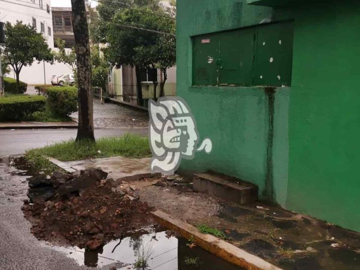 Denuncian reparación de fuga de agua abandonada en Jardines de Xalapa