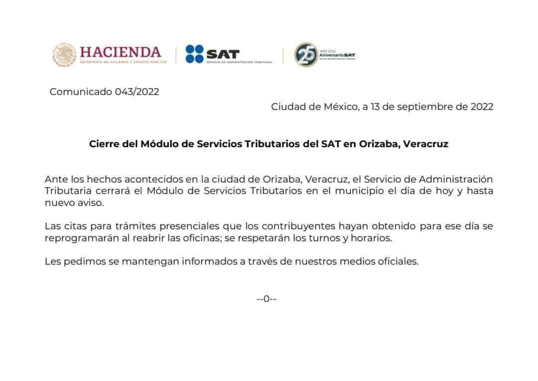 Anuncian cierre del módulo del SAT en Orizaba hasta nuevo aviso