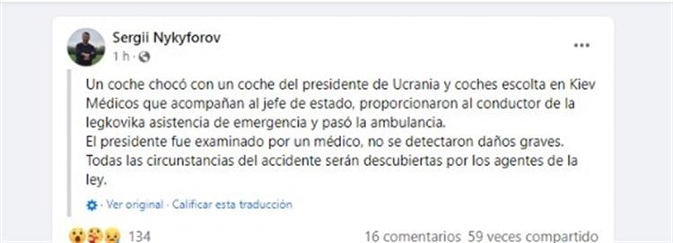 Presidente de Ucrania sufre accidente automovilístico en Kiev