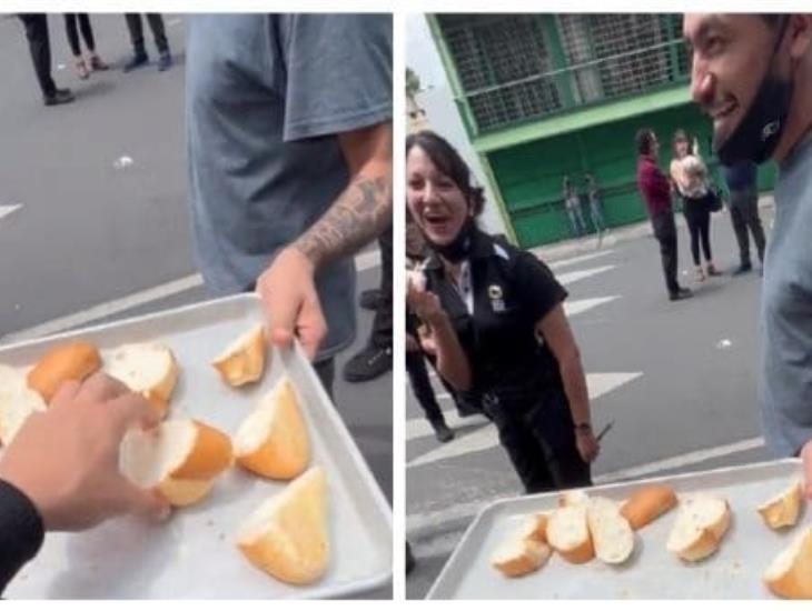 ¡Pal susto! Joven reparte bolillos en la calle por el temblor