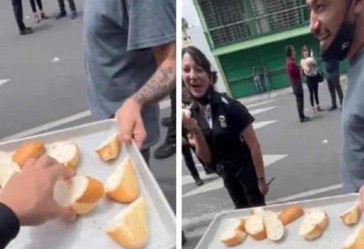 ¡Pal susto! Joven reparte bolillos en la calle por el temblor