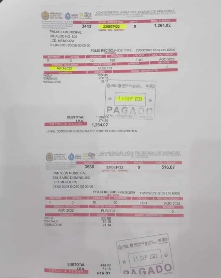 Ayuntamiento de Mendoza descarta tener adeudos con CAEV