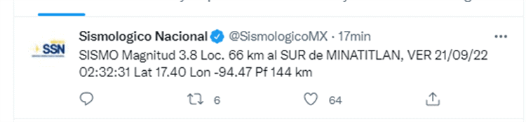 Sismo de 3.8 sacude esta madrugada a Minatitlán