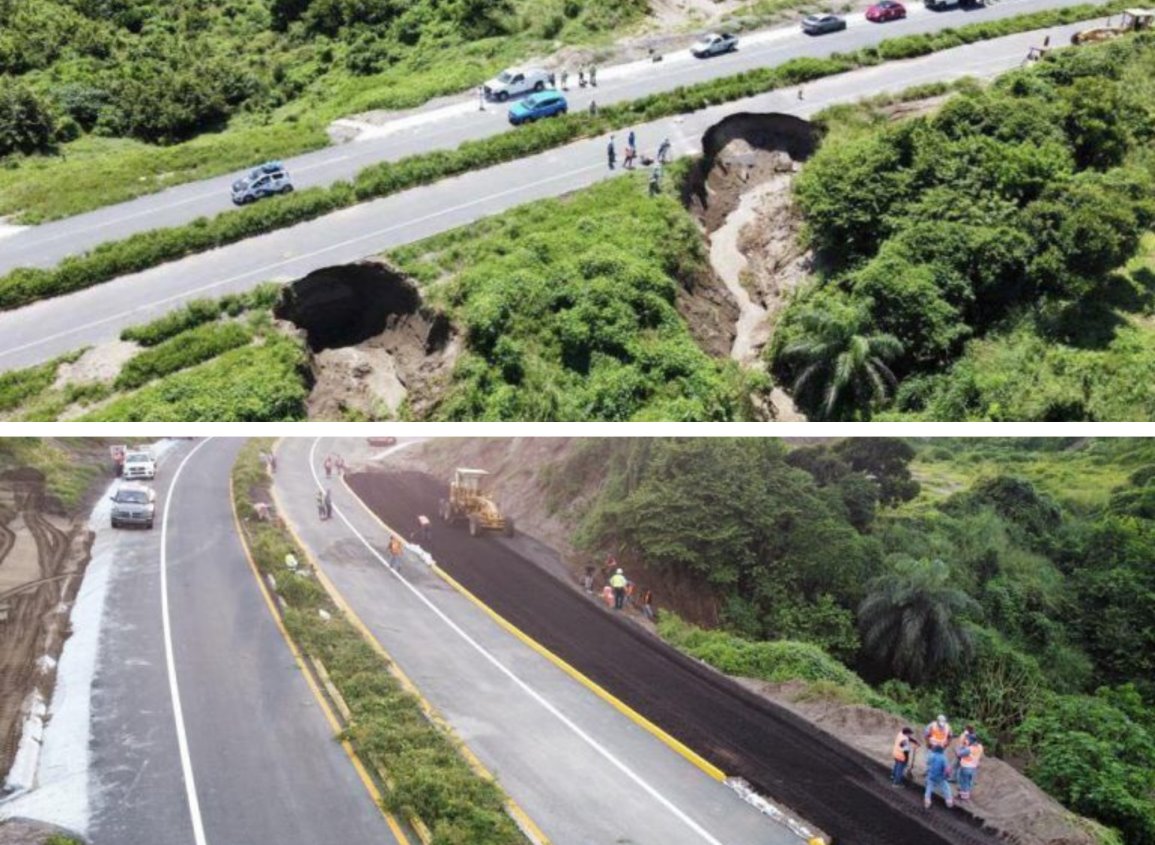 Reparan socavones que se formaron sobre la carretera hacia Antón Lizardo