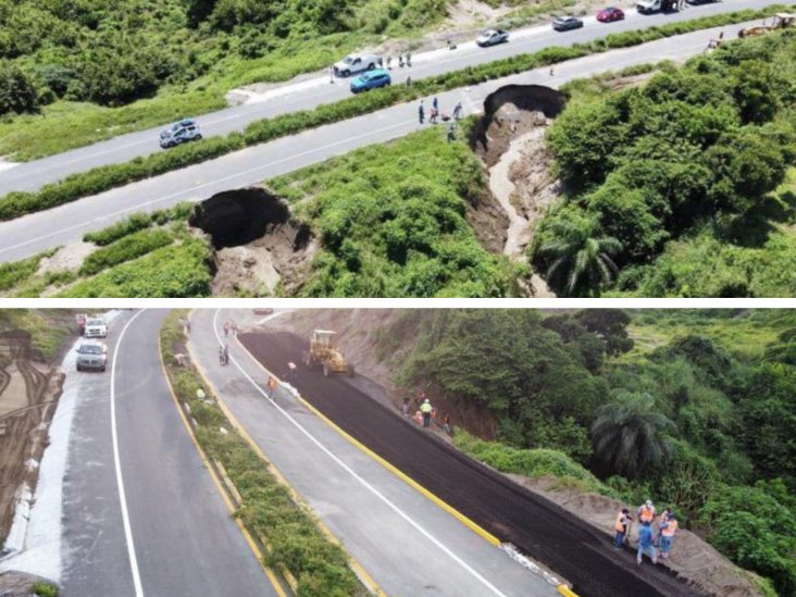 Reparan socavones que se formaron sobre la carretera hacia Antón Lizardo