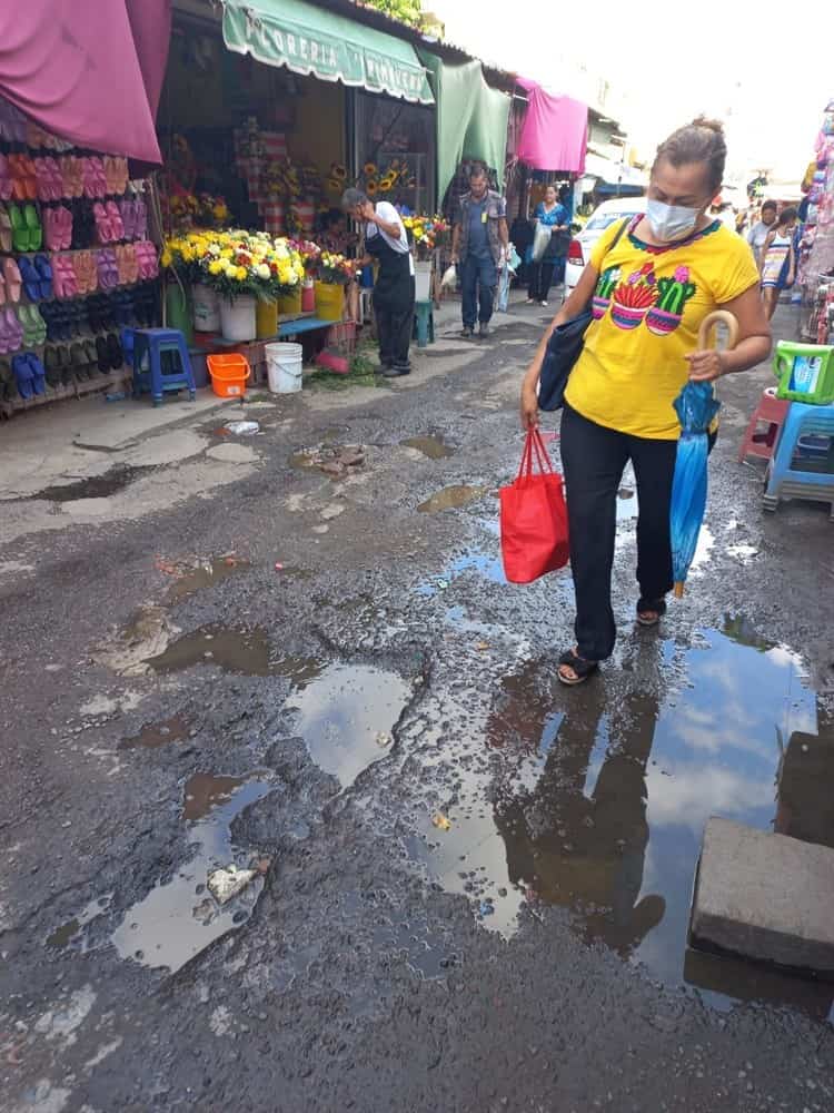 Con escombros y adoquines ciudadanos rellenan baches en el centro de Veracruz