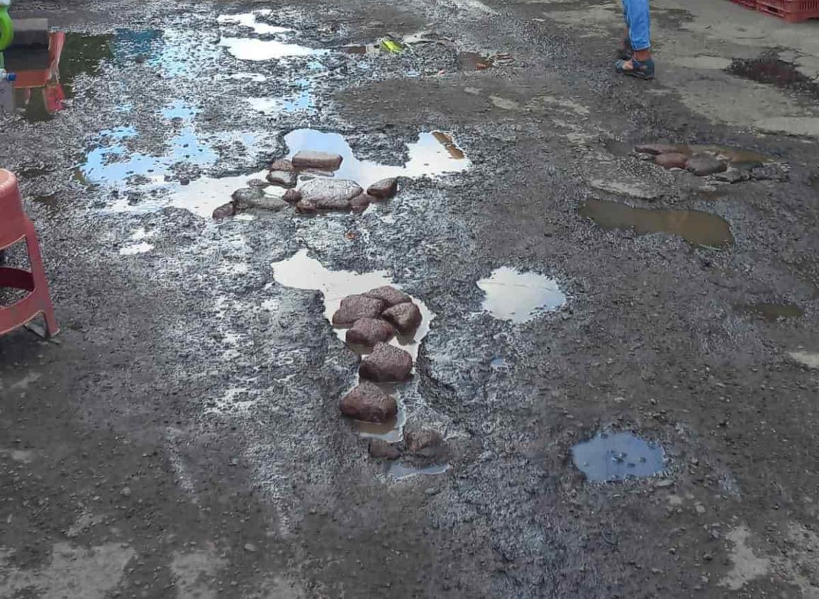 Con escombros y adoquines ciudadanos rellenan baches en el centro de Veracruz