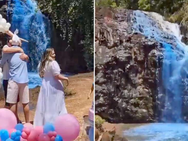 Terrible daño ambiental; pareja pinta cascada para revelar el sexo de su bebe