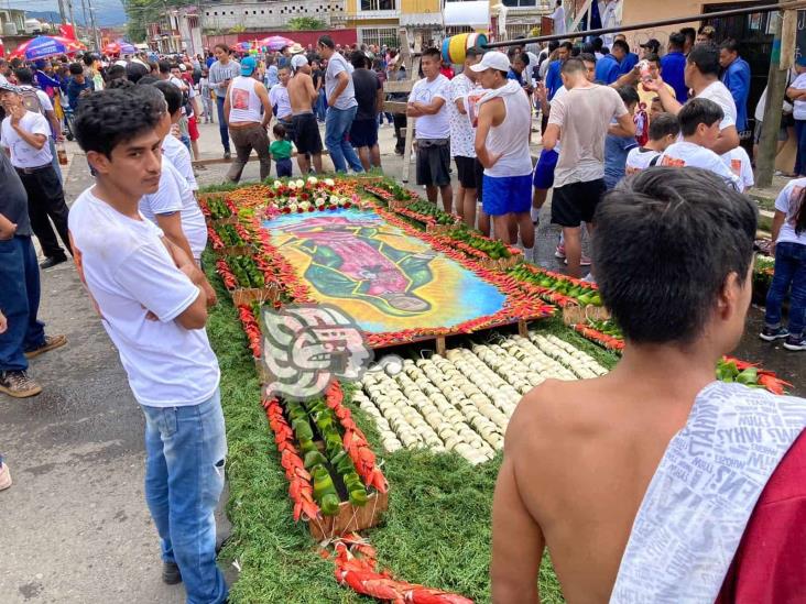 Alfombra elaborada con aserrín colorea las calles de Coatepec