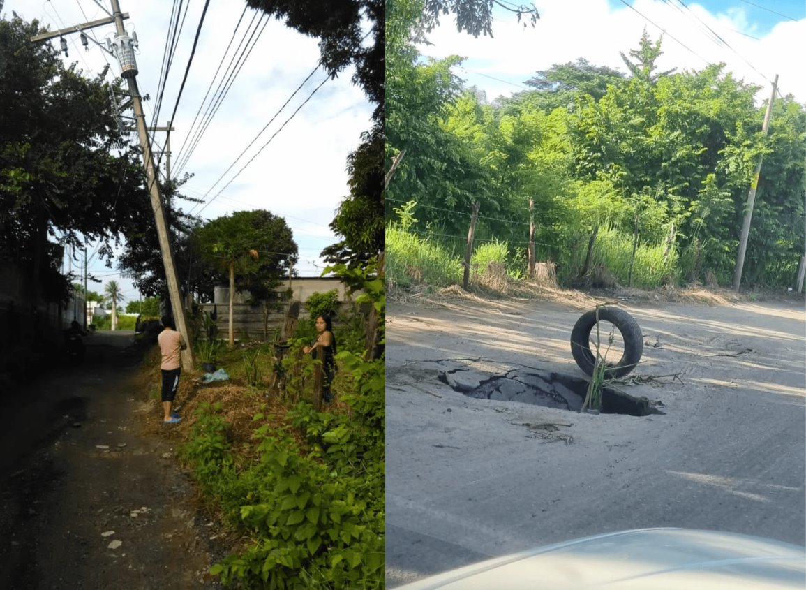 Urgen a CFE y Grupo MAS atender poste de luz a punto de caer y socavón en Veracruz