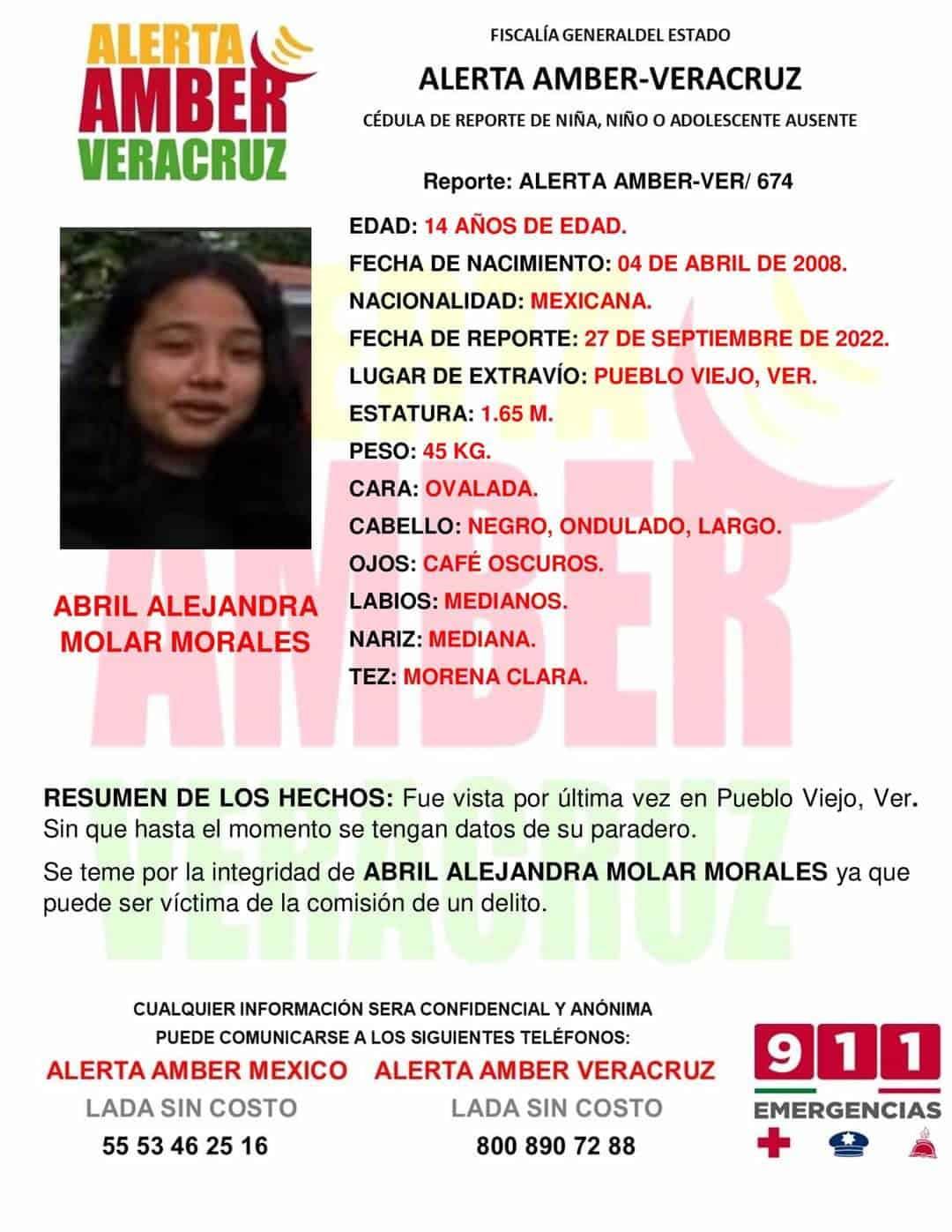 Emiten Alerta Amber para encontrar a Abril Alejandra; desapareció en Pueblo Viejo