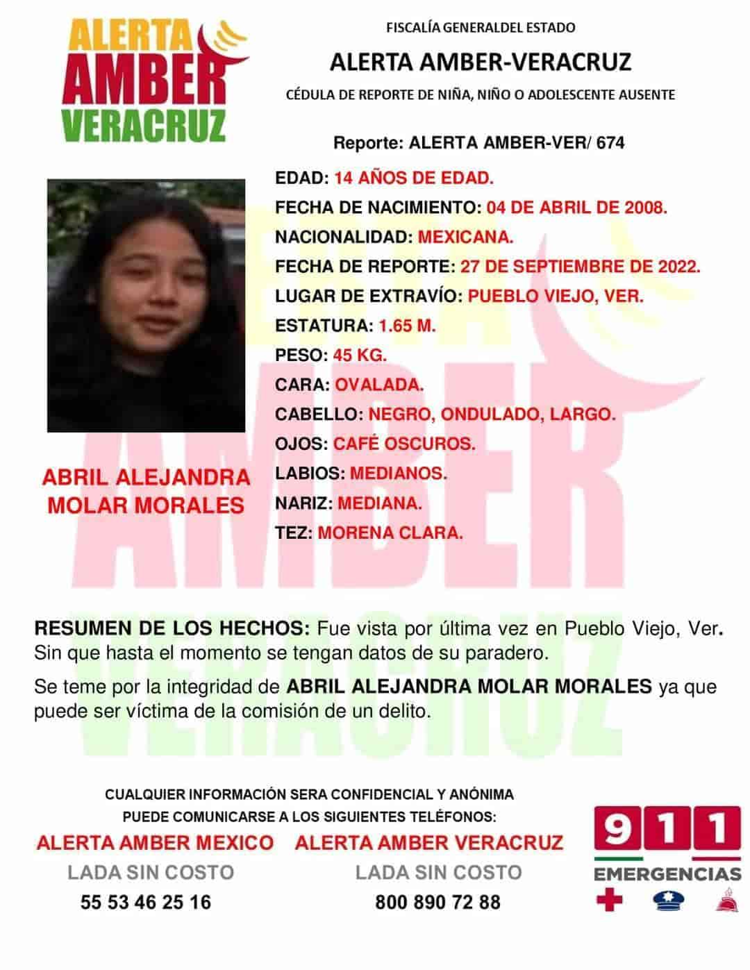 Emiten Alerta Amber para encontrar a Abril Alejandra; desapareció en Pueblo Viejo