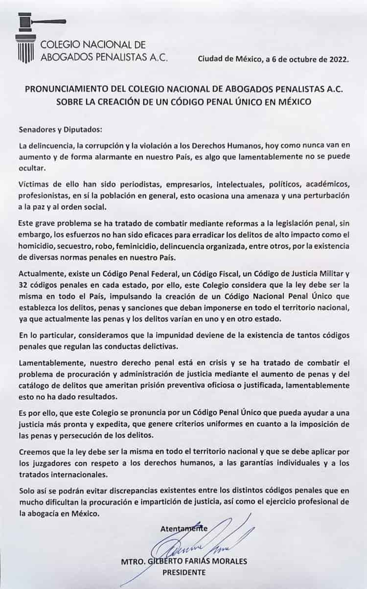 Urge un Código Penal Único en México: Colegio Nacional de Abogados