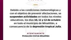 Por efectos de Julia, suspenden clases en Minatitlán