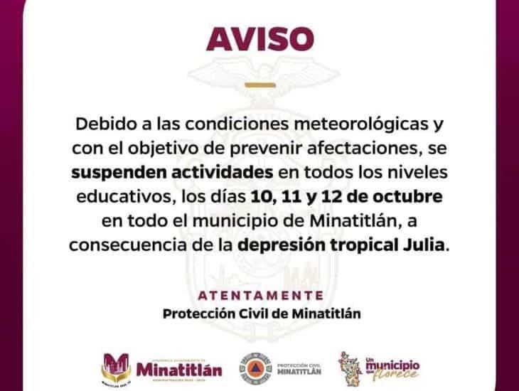 Por efectos de Julia, suspenden clases en Minatitlán