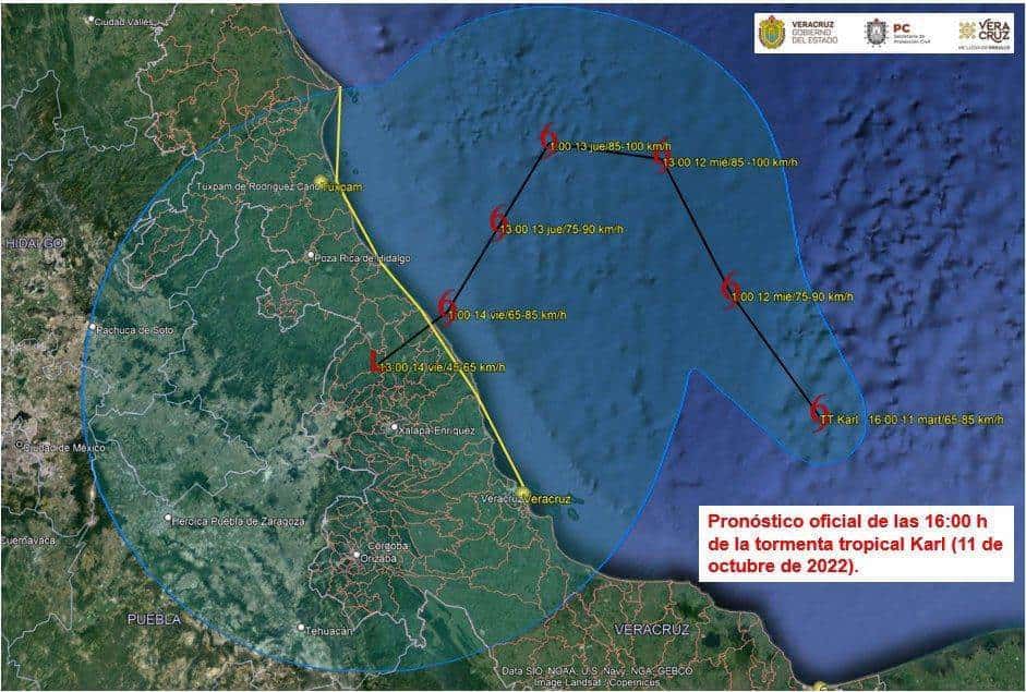 Esta sería la trayectoria de la tormenta tropical “Karl” sobre territorio veracruzano