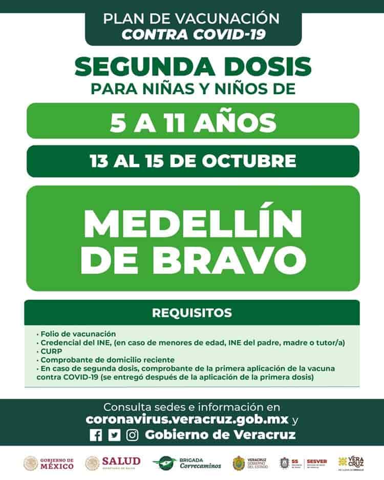 Inicia aplicación de segunda dosis contra covid a menores en Medellín de Bravo