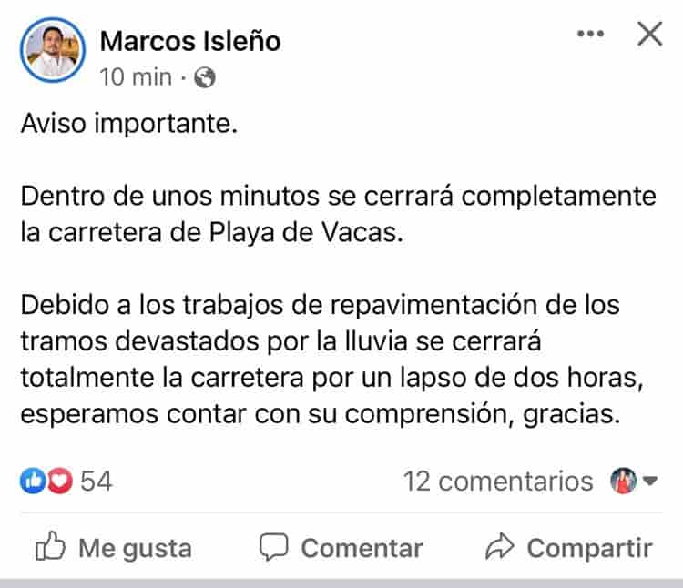 Anuncian cierre total de la carretera Playa de Vacas en Medellín de Bravo