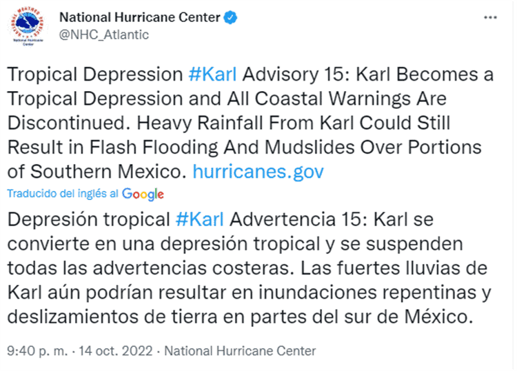 Desactivan advertencias costeras por degradación de Karl