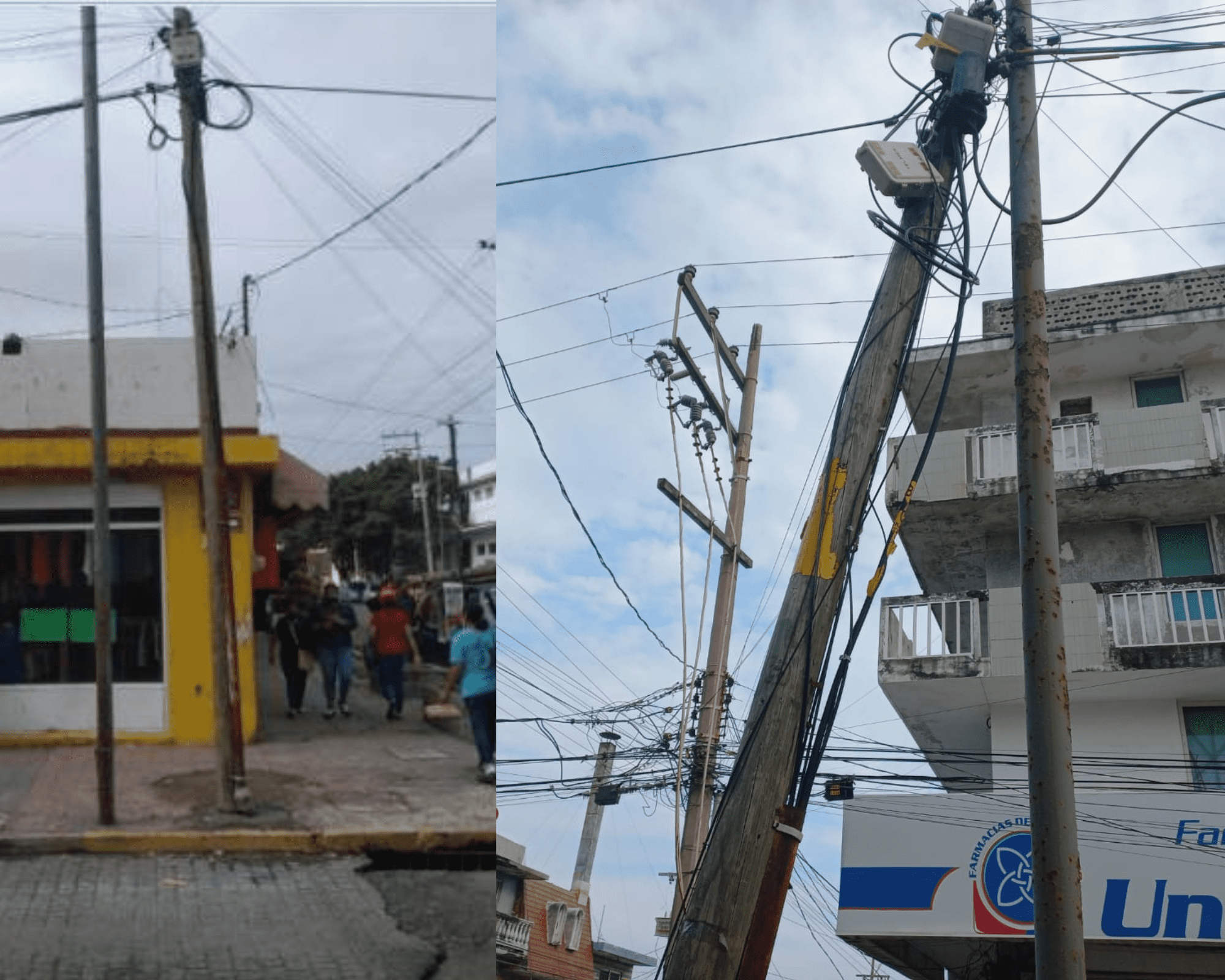 Telmex repara poste fracturado en calles de Veracruz; temían vecinos que se viniera abajo