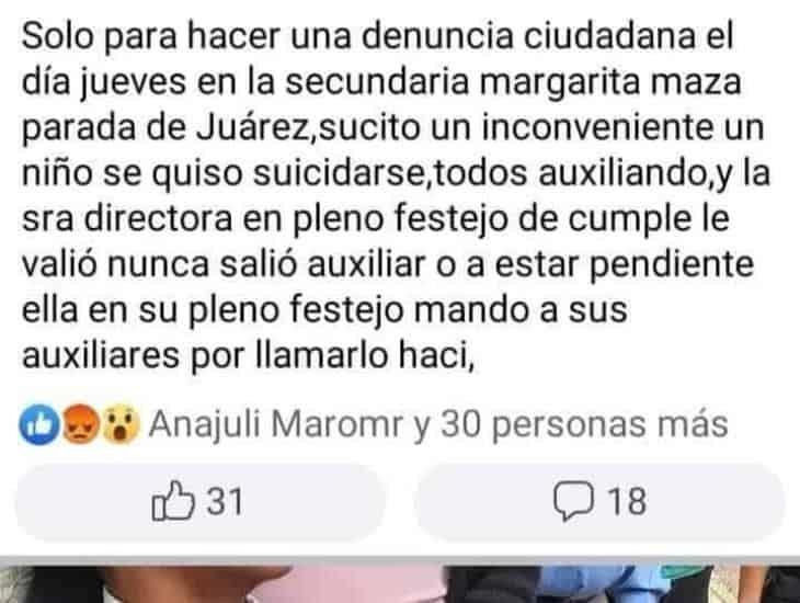 Denuncian que alumno de secundaria en Orizaba se quiso suicidar y directora lo ignoró