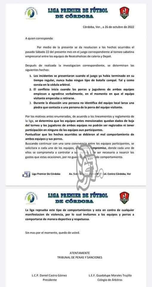 Liga de Córdoba dio de baja a equipos tras agresión a menor