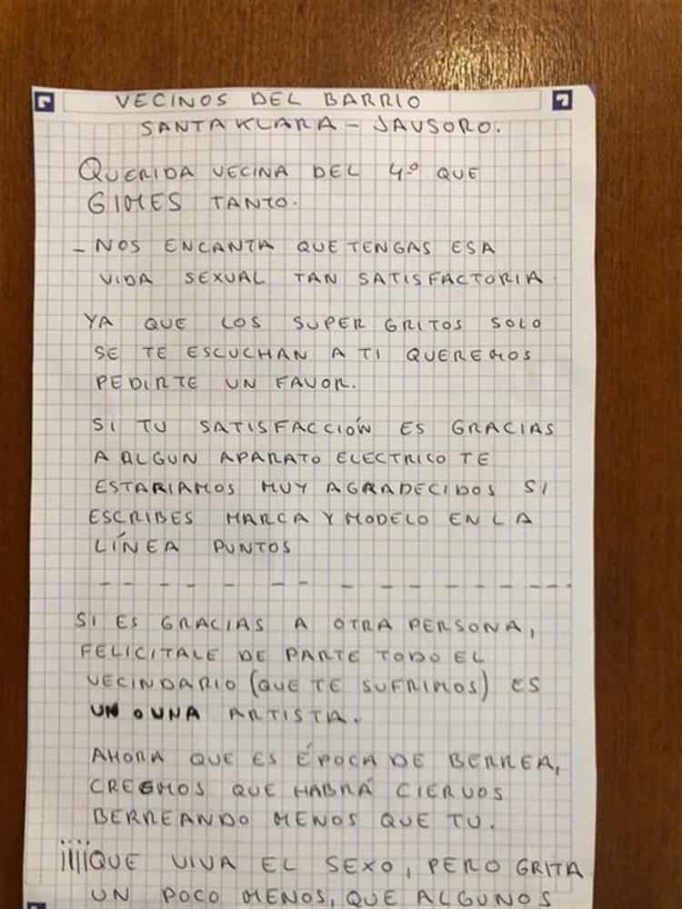 Escriben carta para que su vecina no haga tanto ruido al hacer “el delicioso”