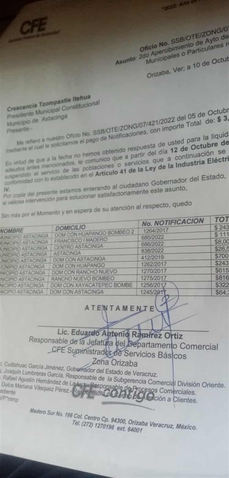 ¡Se las van a cortar! Amenaza CFE con dejar sin luz a Astacinga