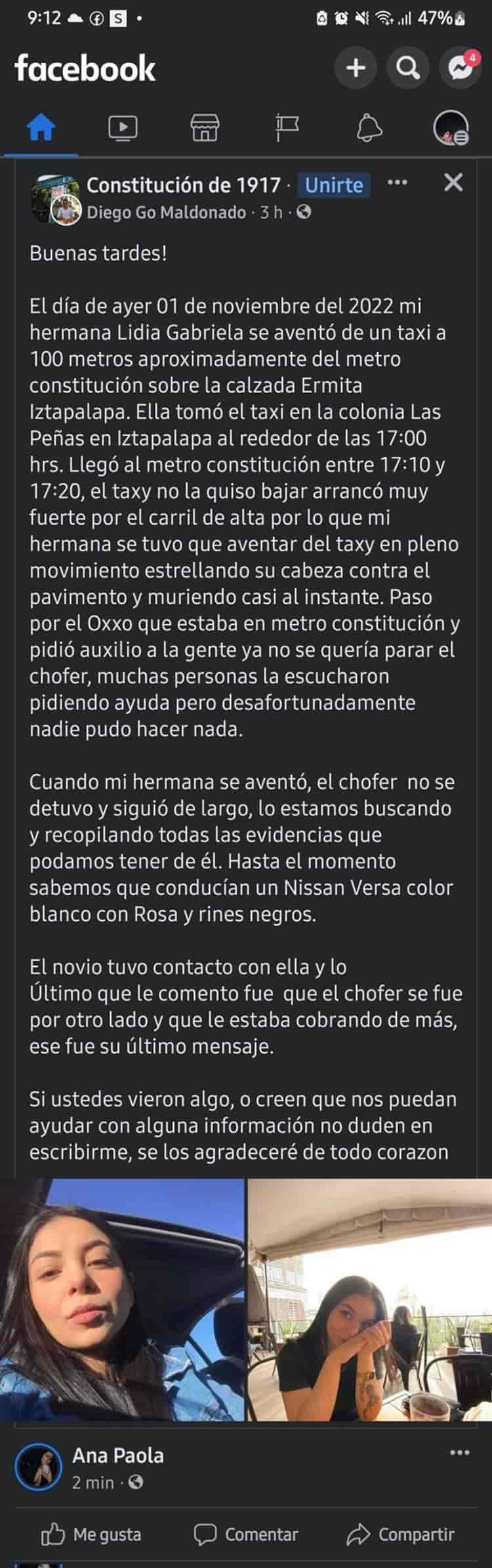 Lidia fallece tras lanzarse de un taxi en Iztapalapa