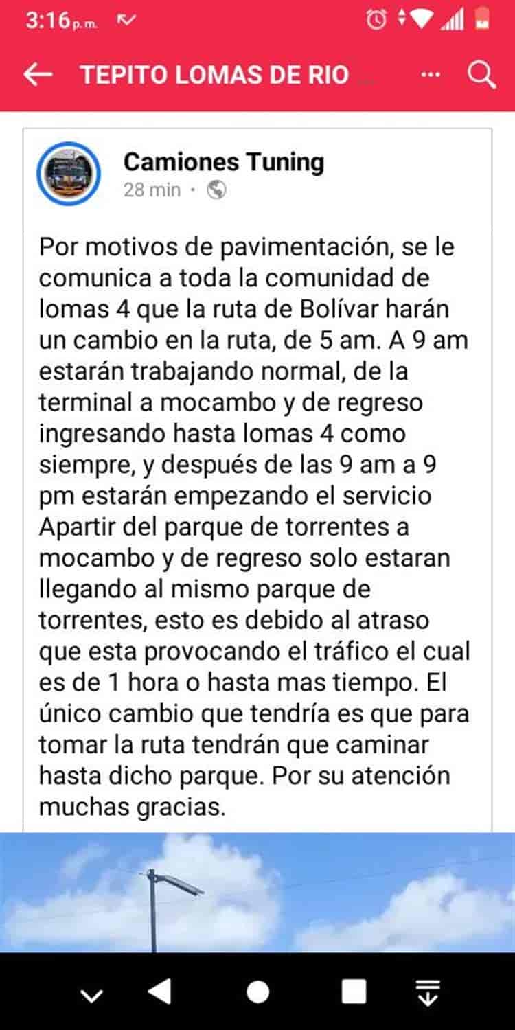 Cambian ruta de camiones en Veracruz; familias deberán caminar varias cuadras